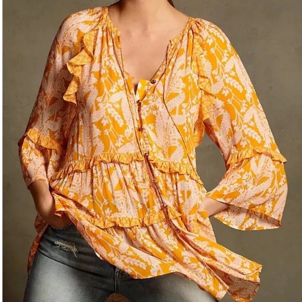 Anthropologie Mia Tiered Floral Ruffled Tunic Dress L